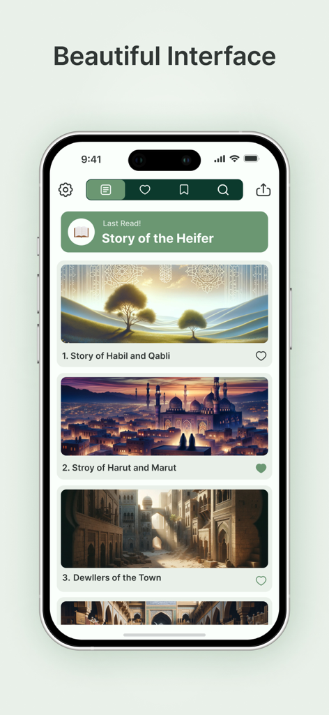 Quran Stories in Islam - Interface of the Quran Stories in Islam app showing illustrated islamic stories for kids