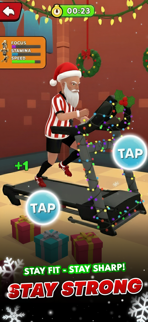 Referee Simulator 3D - Um árbitro de futebol usando um chapéu de Papai Noel treinando em uma esteira em uma academia decorada.