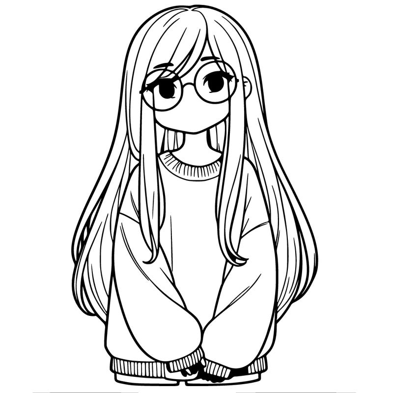a girl with long straight hair wearing a long sweatshirt smiling and wearing glasses