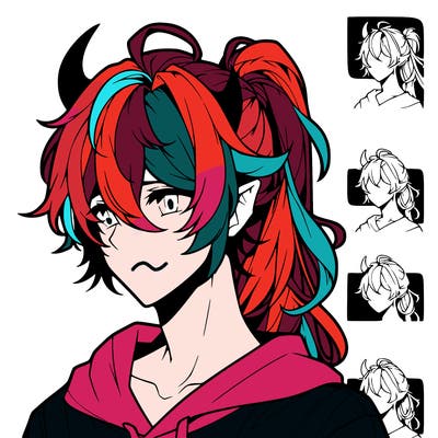 realistic hot anime boy with horns and long messy hair put in a pony tail