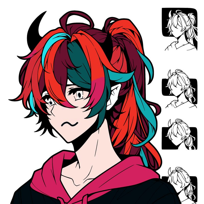 realistic hot anime boy with horns and long messy hair put in a pony tail
