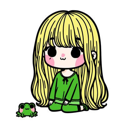 girl with long hair bangs and tiny frog