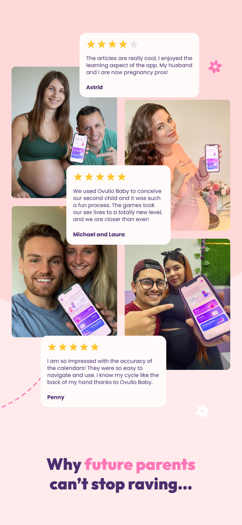 Calificaciones de cinco estrellas y testimonios de parejas felices y futuras madres que usan la app de seguimiento de ovulación Ovulio Baby