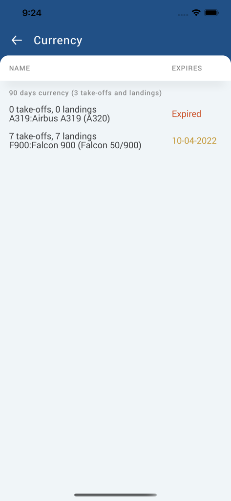 Leon - Leon app dashboard showing pilot landing and take-off currency tracking for different aircraft models