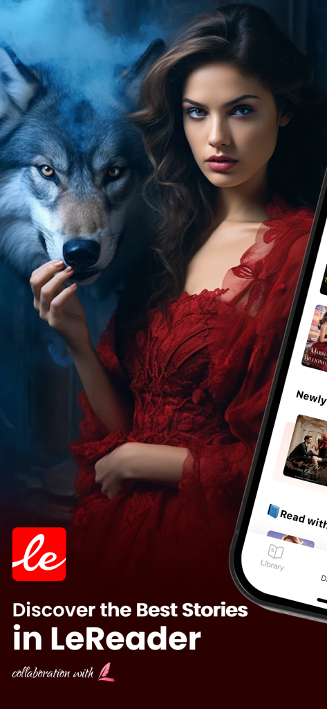 Promo image for LeReader app featuring a woman in a red dress and a large wolf advertising romantic stories