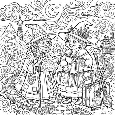 Join two wise crone witches as they embark on an exciting vacation, mapping out their next magical adventure. This enchanting coloring page is perfect for adults and teens seeking a whimsical journey through mystic lands.