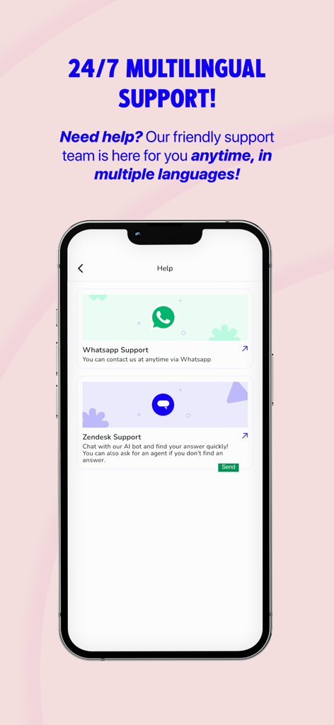 A mobile app screen displaying 24/7 multilingual support options including WhatsApp and Zendesk for Voye Global eSIM.