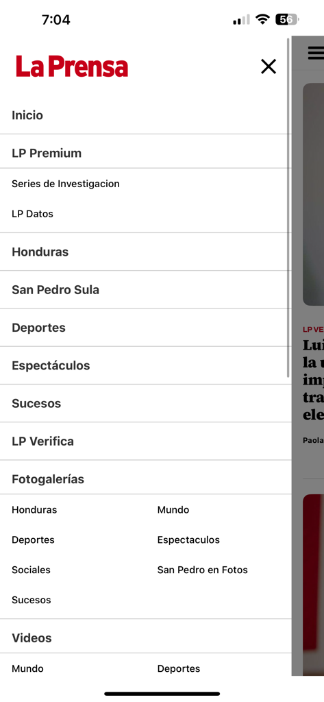 Diario La Prensa Honduras - Navigation menu of the Diario La Prensa Honduras mobile app showing news categories like Honduras, San Pedro Sula, and Sports