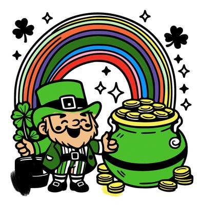 st patrick day with rainbow and gold with leprechaun