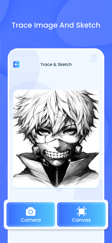 Interface of the AR Draw app showing a black and white anime character sketch with options to use the camera or canvas for tracing