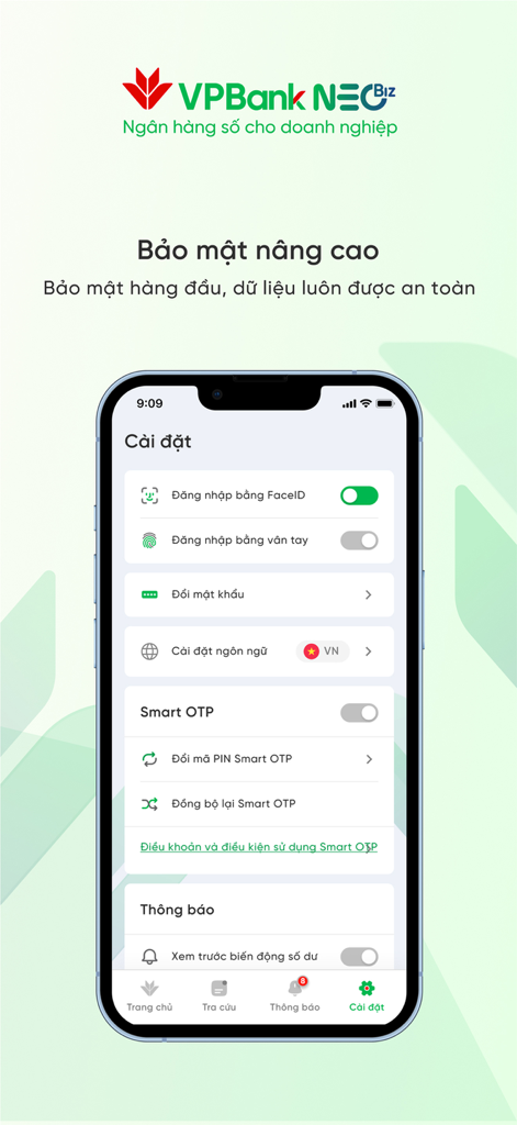 VPBank NEOBiz Plus - VPBank NEOBiz Plus security settings screen for biometric login and Smart OTP