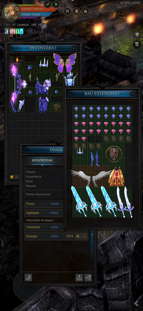 MEGAMU - MEGAMU mobile interface showing character inventory, extended storage chest with jewels, and player statistics