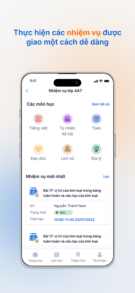 vnEdu LMS - A mobile screen of the vnEdu LMS app showing school subjects and a list of assigned tasks for a Vietnamese classroom