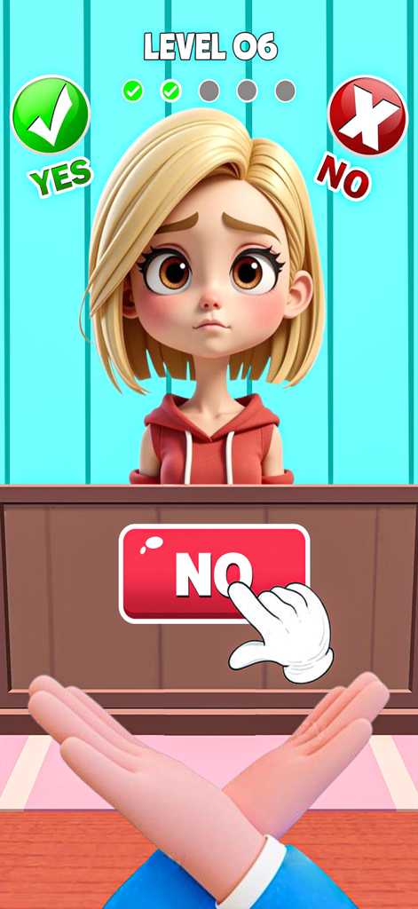 Ein Cartoon-Mädchen-Charakter in einer lässigen Spieloberfläche mit Ja-und-Nein-Buttons für eine Essensstreich-Challenge.