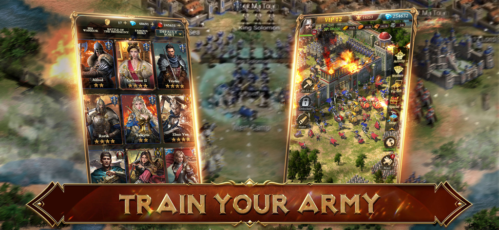 Rising: War for Dominion - Mobile strategy game screen showing legendary hero cards and a castle battle scene with the text Train Your Army.