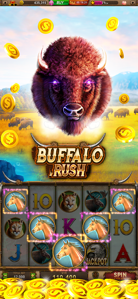 Juego de máquina tragamonedas Buffalo Rush con una gran cabeza de búfalo y monedas de oro cayendo