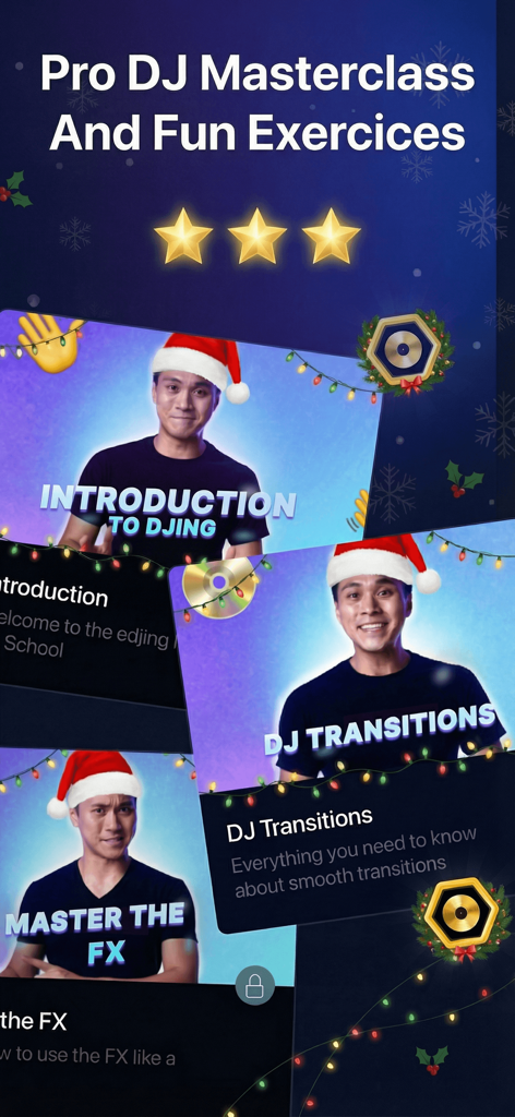 A screenshot of edjing Mix DJ School featuring video masterclasses and exercises with a holiday theme.