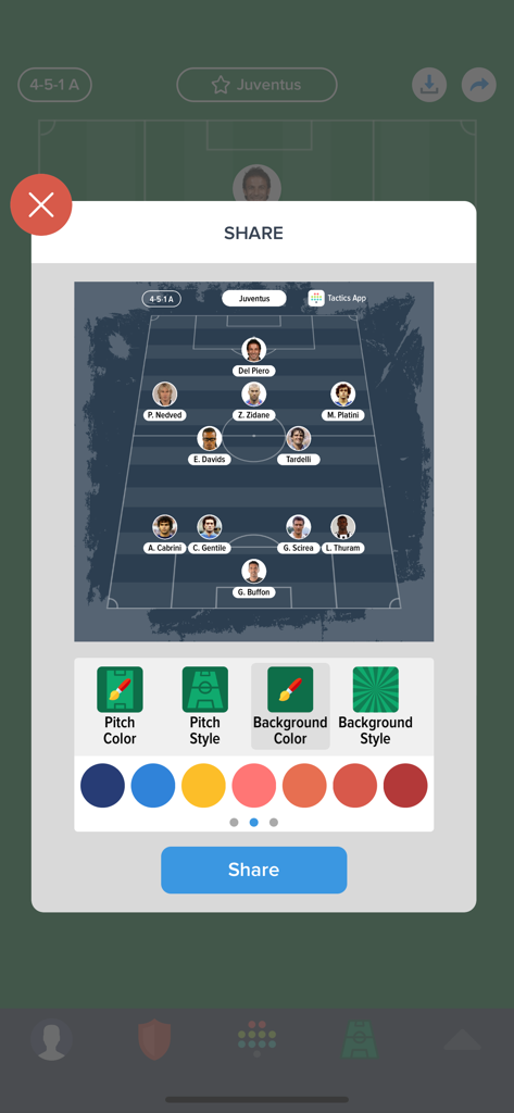 Interface for sharing and customizing a football team lineup showing pitch and background style options