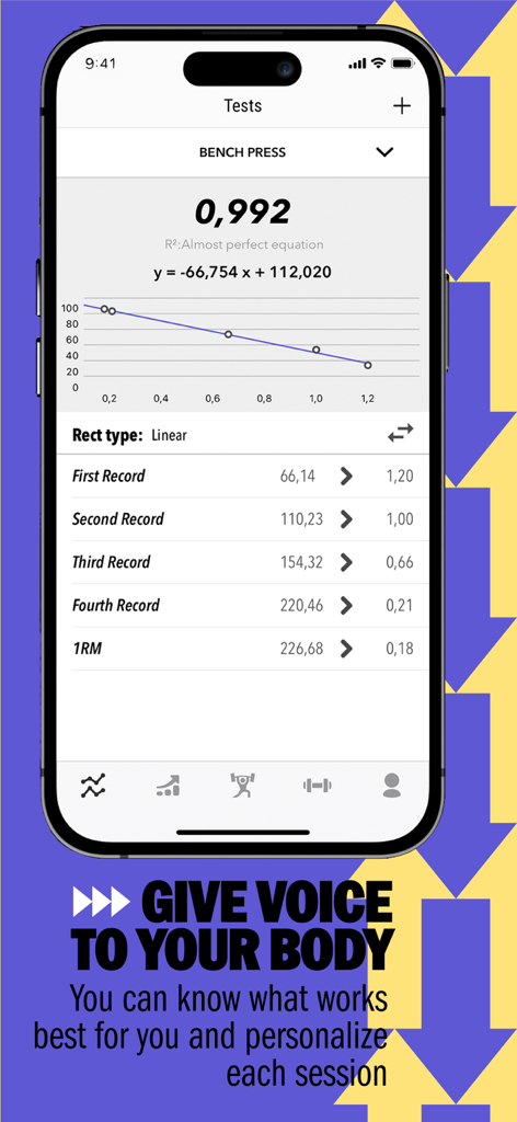 Speed4Lifts - Speed4Lifts app interface showing a Bench Press test and 1RM calculation graph.