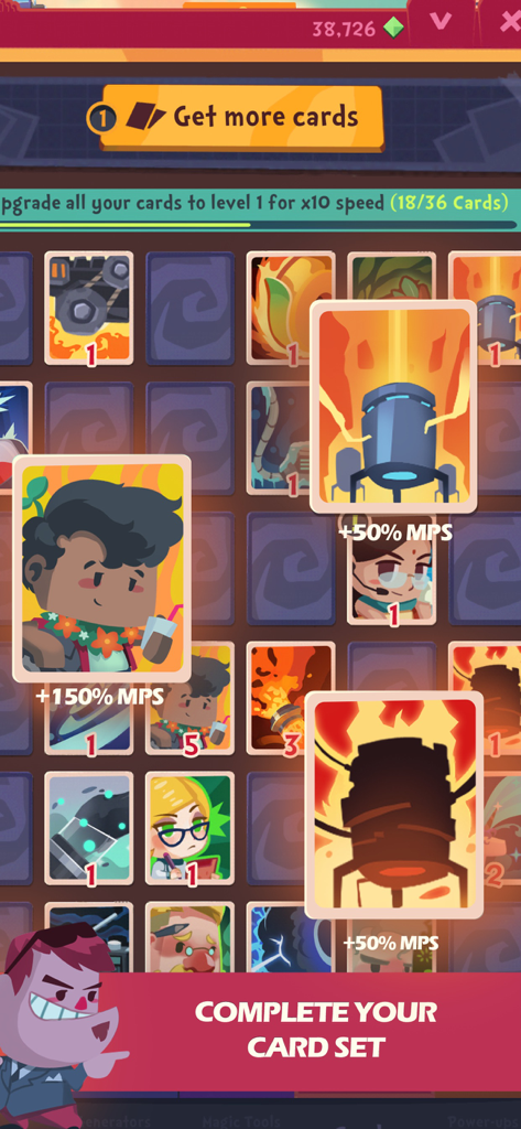 Clicker Racing - Clicker Racing card collection screen showing character and speed bonus cards to upgrade racing stats