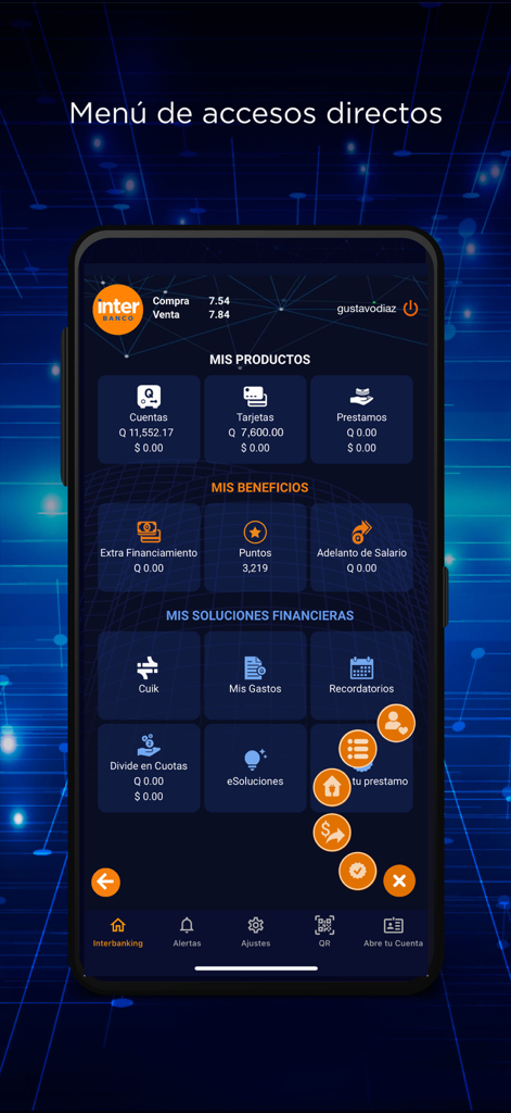 InterBanking Móvil - InterBanking Movilアプリのメインダッシュボード。金融商品とサービスショートカットが表示されています。