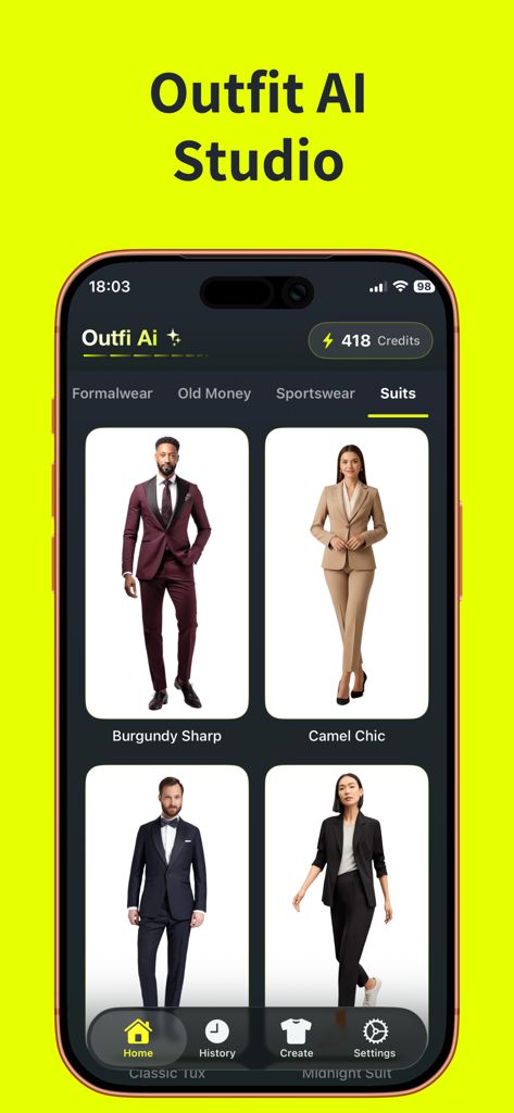AI Clothes Changer: Outfi AI - 정장 및 슈트 카테고리와 사실적인 의류 미리보기를 보여주는 Outfi AI 앱 스튜디오 인터페이스