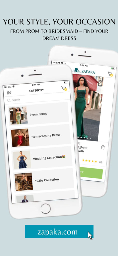 ZAPAKA- Prom & Occasion Dress - Zapakaモバイルアプリ。プロム、ホームカミング、ウェディングドレスのカテゴリが表示されている