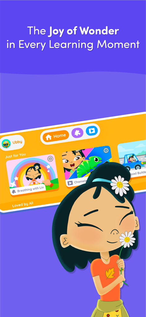 Wonjo Kids Learning Games - Interfaz de la aplicación Wonjo Kids Learning Games que presenta actividades educativas y una niña sonriente de dibujos animados.