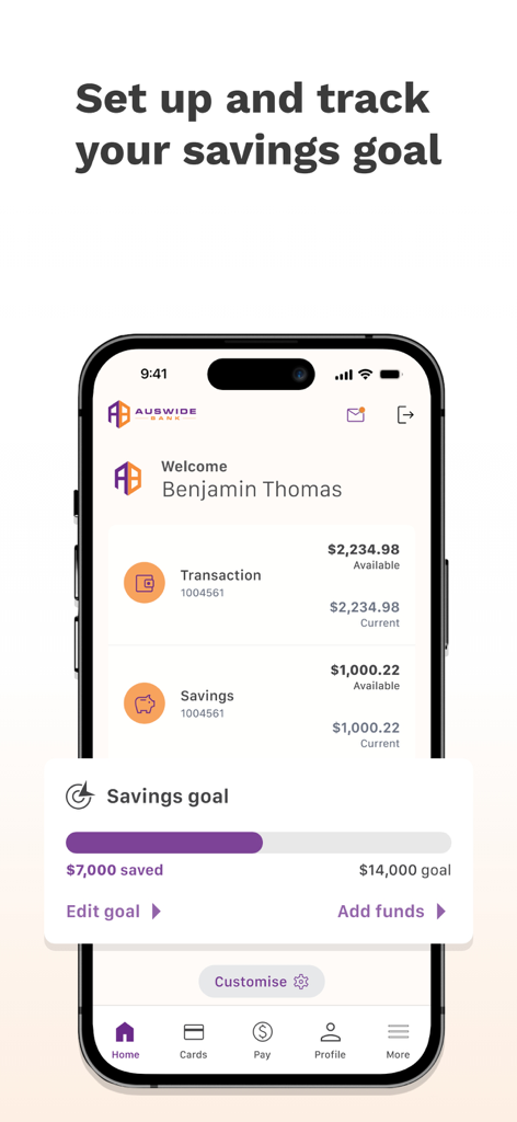 Auswide Bank - Interfaccia dell'app mobile di Auswide Bank che mostra una barra di avanzamento dell'obiettivo di risparmio sulla dashboard principale.