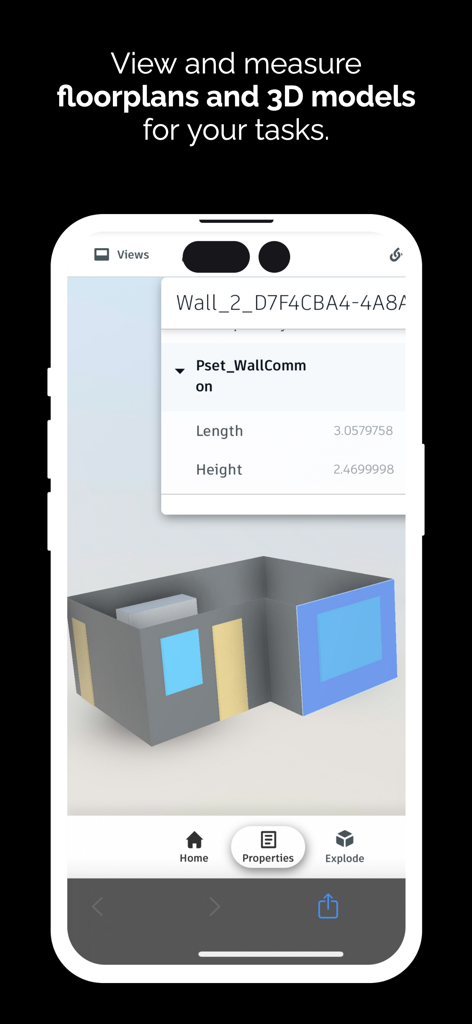 iPhone app screen displaying a 3D room model and wall dimension details