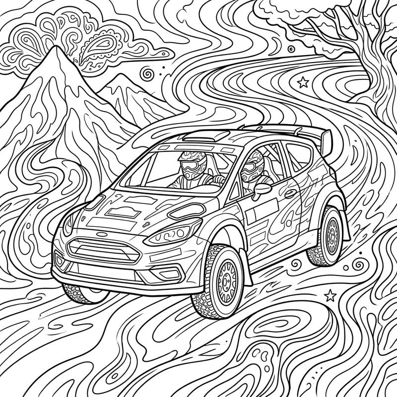 Dive into an exhilarating world where rally racing meets mesmerizing psychedelic art. This dynamic coloring page offers a unique blend of high-speed action and intricate, swirling patterns, perfect for a captivating coloring experience.