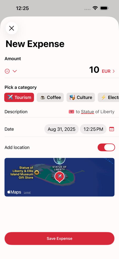 Añadiendo un nuevo gasto de turismo con seguimiento de ubicación en la app MyExpenses