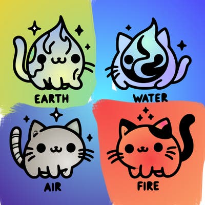 4 cats that represent the different elements, earth, water, air, and fire