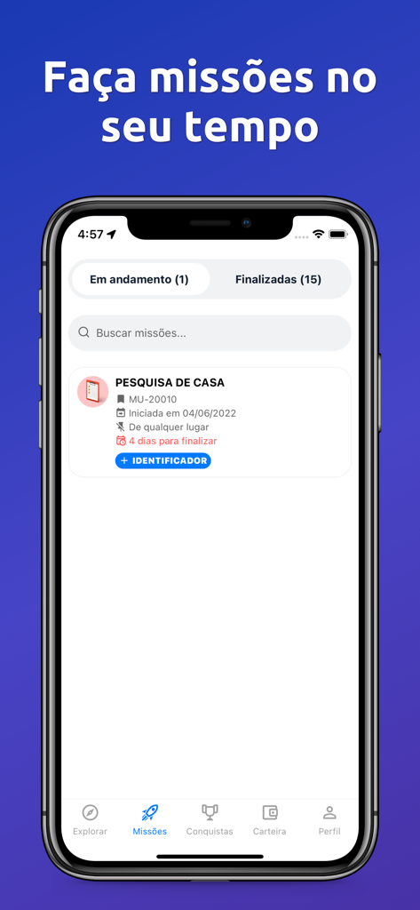 Mission Brasil - Interfaccia dell'app Mission Brasil che mostra le missioni attive e i dettagli delle attività
