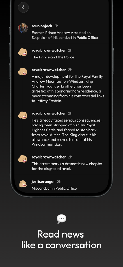 The Commuter: news digest - The Commuter app interface showing news stories presented as a conversational thread on a smartphone.