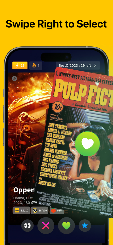 A smartphone showing a movie selection app with a swipe right gesture on a Pulp Fiction movie card