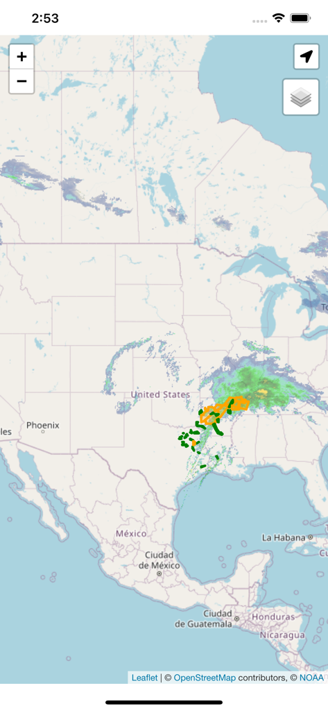 Tornado Tracker Radar Pro - Tornado Tracker Radar Pro app displaying a weather radar map with storm activity over the central and southern United States.
