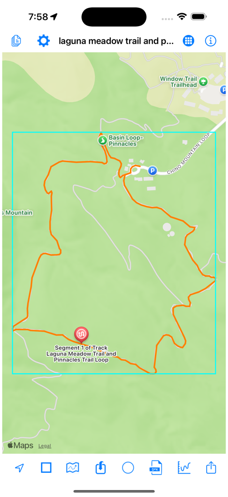 Interfaccia dell'app GPX-Viewer che mostra una traccia escursionistica arancione per il percorso ad anello di Laguna Meadow su una mappa topografica.