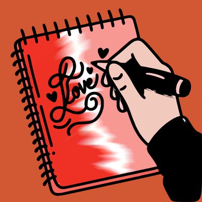 a hand writing “love” in calligraphy on a notebook