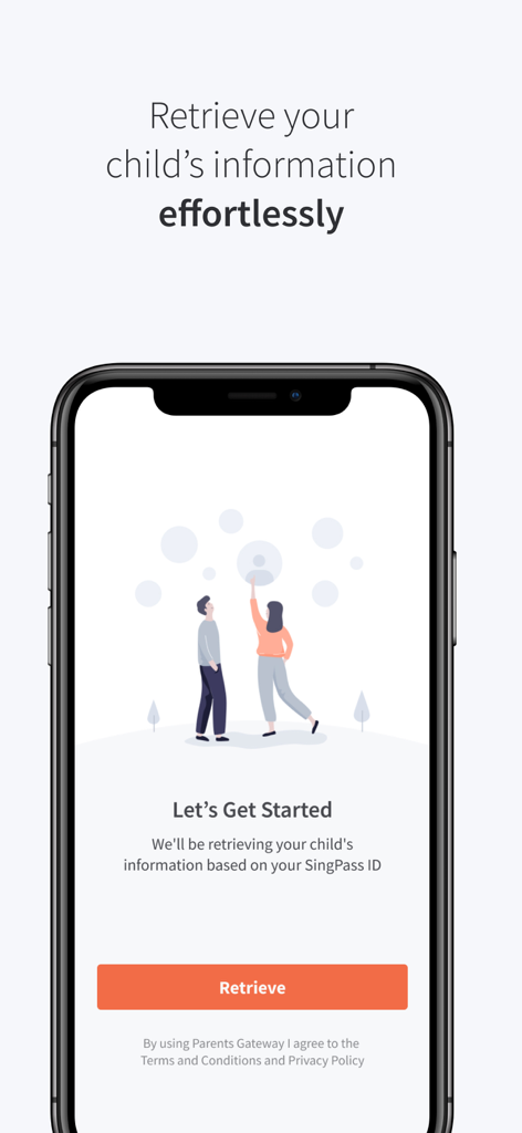 Parents Gateway - Bildschirm zur Einführung von Parents Gateway mit der Schaltfläche „Kindinformationen abrufen“ über die Singpass-ID