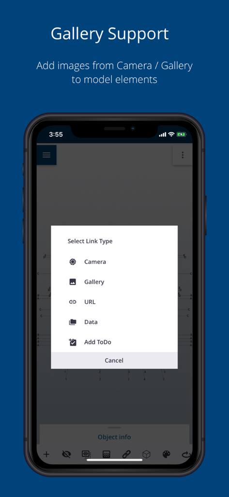 Interface of Trimble Connect app showing options to link camera images or gallery photos to construction model elements