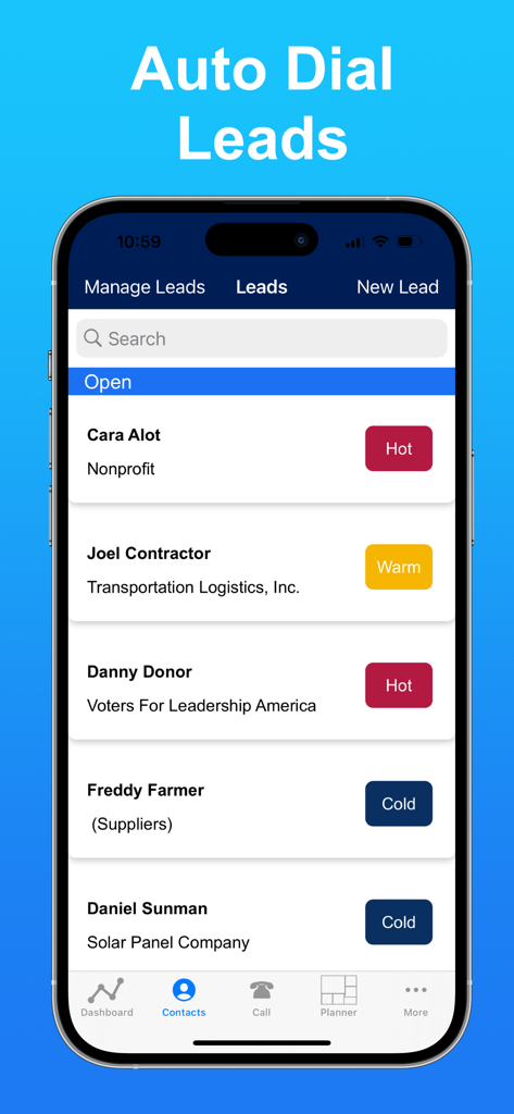 SwiftCall: Auto Dialer & CRM - SwiftCall app displaying a list of sales leads categorized as hot warm or cold