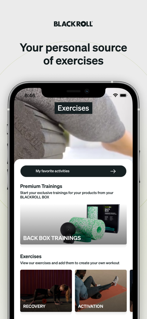 Blackroll app interface displaying recovery and activation exercise categories on a smartphone screen.