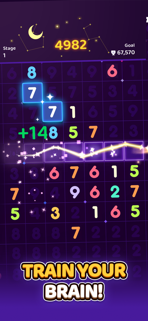 Number Master: Ten Pair Puzzle - Jeu Number Master Ten Pair Puzzle montrant des tuiles numériques correspondantes et un message d'entraînement cérébral