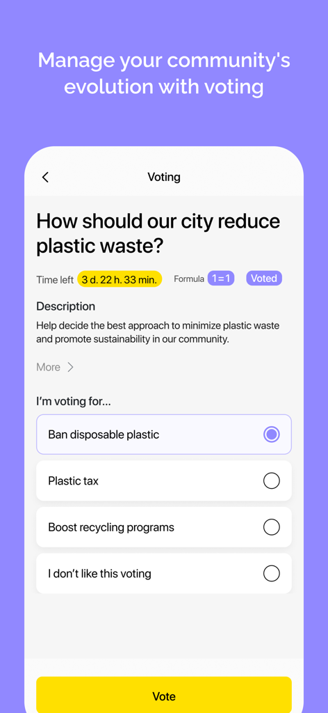 Qela - Oberfläche der Qela-App, die eine Abstimmung der Community über die Reduzierung von Plastikmüll mit Optionen wie dem Verbot von Einwegplastik zeigt.