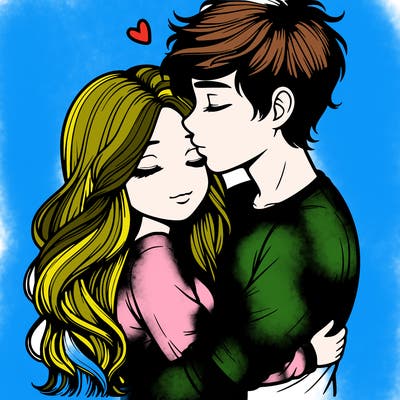 a realistic couple boy and girl hugging and kissing