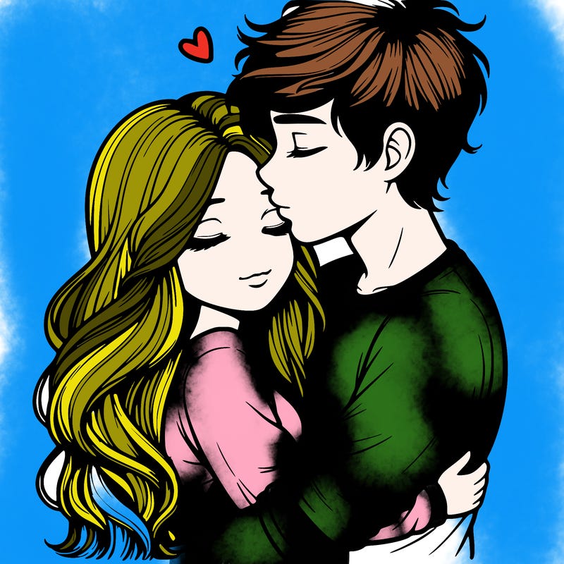 a realistic couple boy and girl hugging and kissing