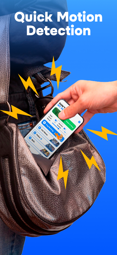 A hand reaching for a smartphone in a bag with an active motion detection alarm