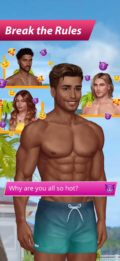 THTH: Love Is a Game NETFLIX - Una pantalla de juego que muestra personajes atractivos en un entorno tropical con el texto Rompe las reglas