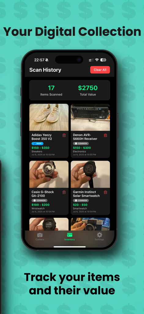 Antique Identifier: Pawn Shop - Interfaz de la aplicación Identificador de Antigüedades que muestra una lista de artículos escaneados con su rareza y valor de mercado estimado.